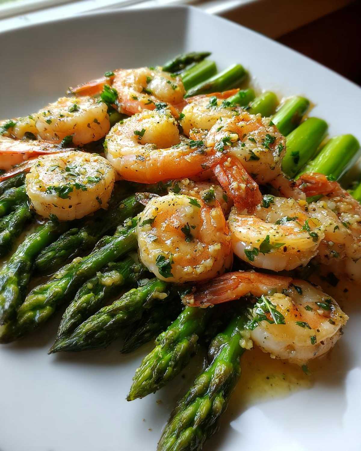 Close-up of Sheet Pan Crispy Garlic Butter Shrimp and Asparagus coated in garlic butter sauce and parsley.