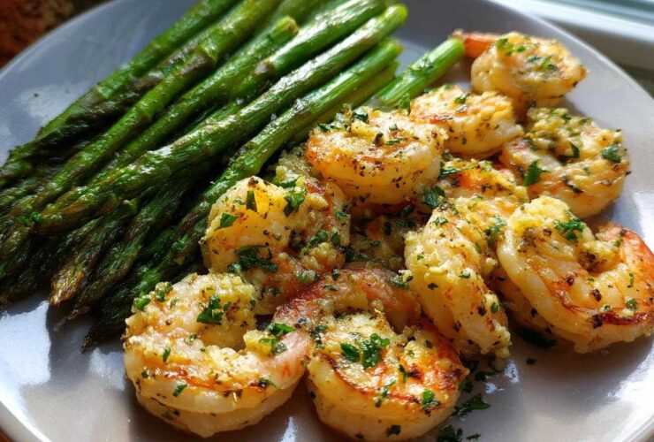 Plated Sheet Pan Crispy Garlic Butter Shrimp and Asparagus, glistening with garlic butter and parsley.