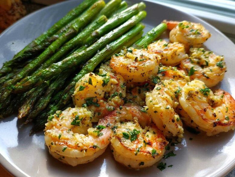 Plated Sheet Pan Crispy Garlic Butter Shrimp and Asparagus, glistening with garlic butter and parsley.