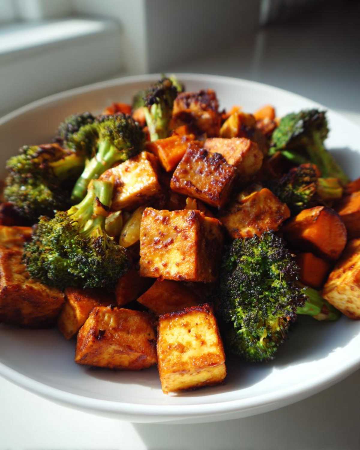Close-up of crispy Sheet Pan Crispy Honey Mustard Tofu cubes mixed with roasted broccoli florets and sweet potatoes in a white bowl.