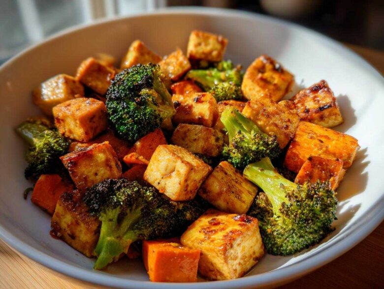 Close-up of crispy Sheet Pan Crispy Honey Mustard Tofu cubes mixed with roasted broccoli florets in a white bowl.