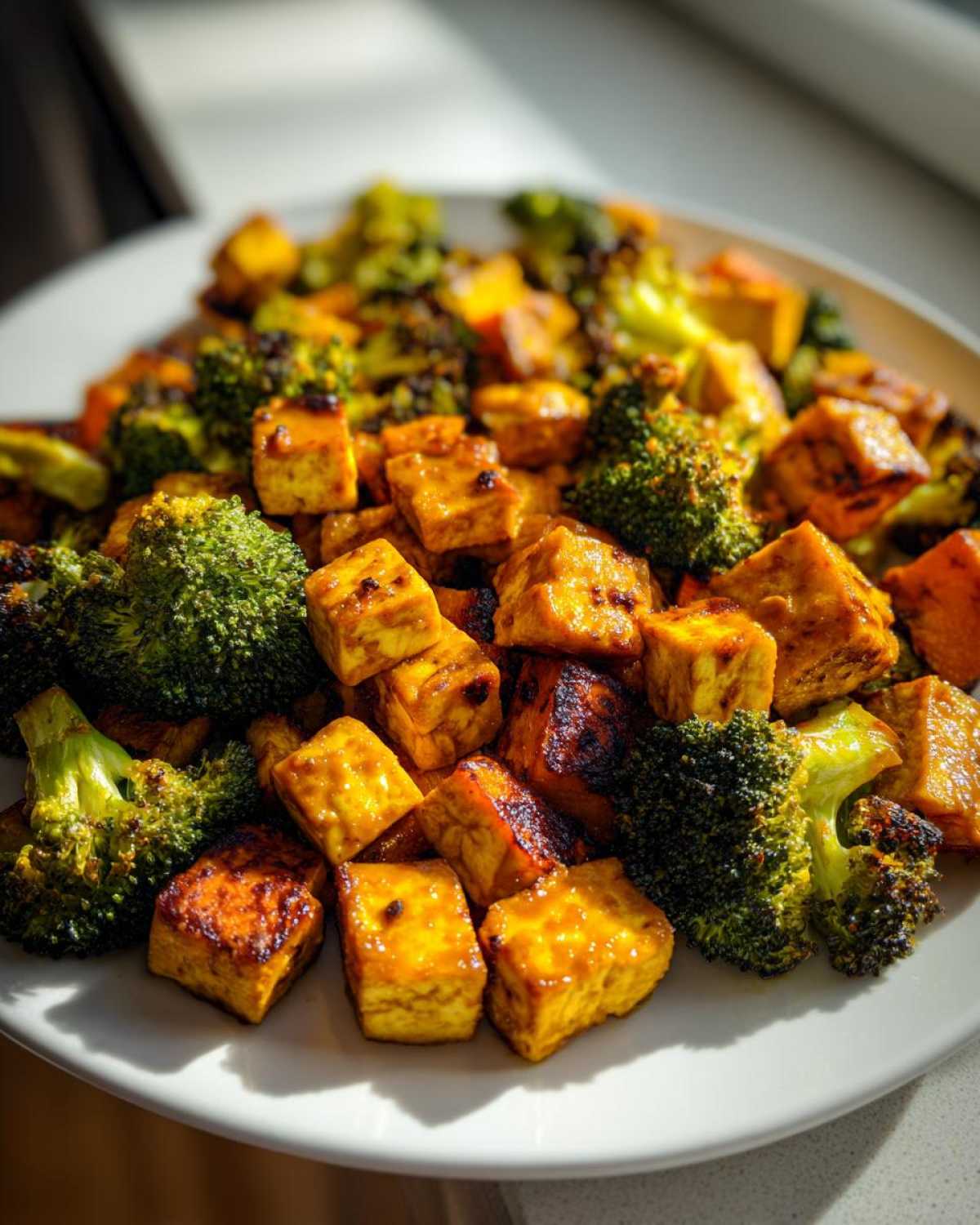 Close-up of crispy Sheet Pan Crispy Honey Mustard Tofu cubes mixed with roasted broccoli florets on a white plate.