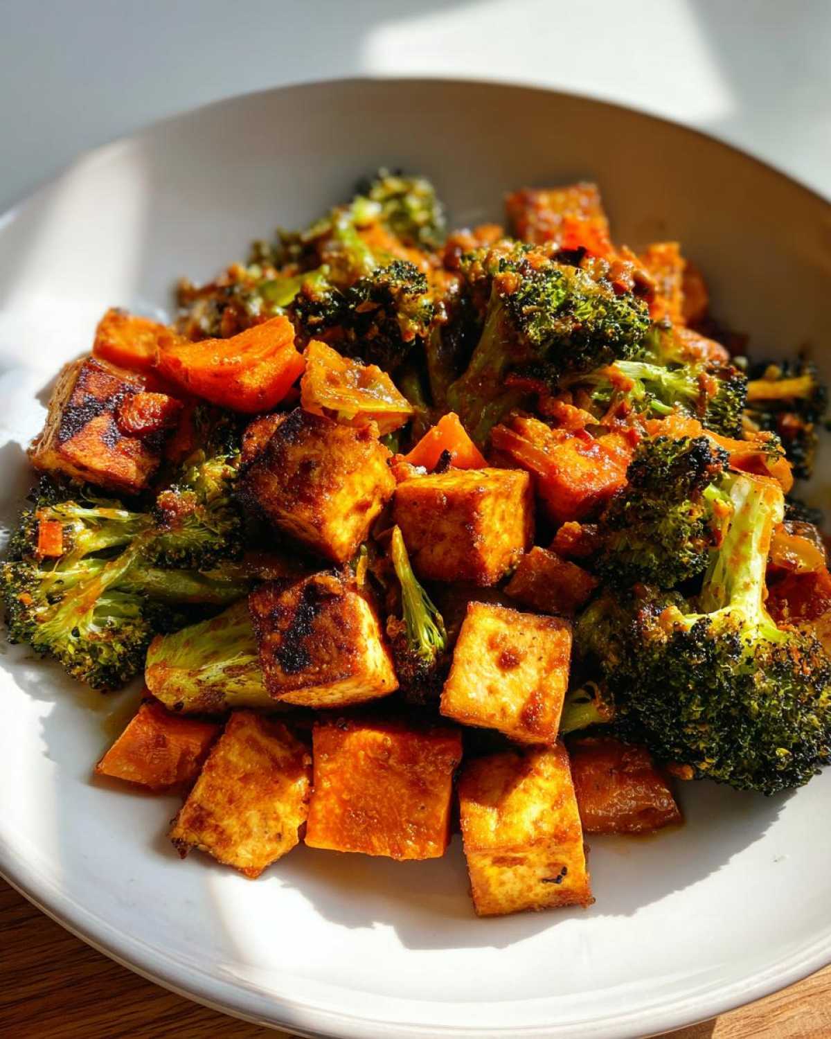 Close-up of crispy Sheet Pan Crispy Honey Mustard Tofu mixed with roasted broccoli florets and sweet potatoes.