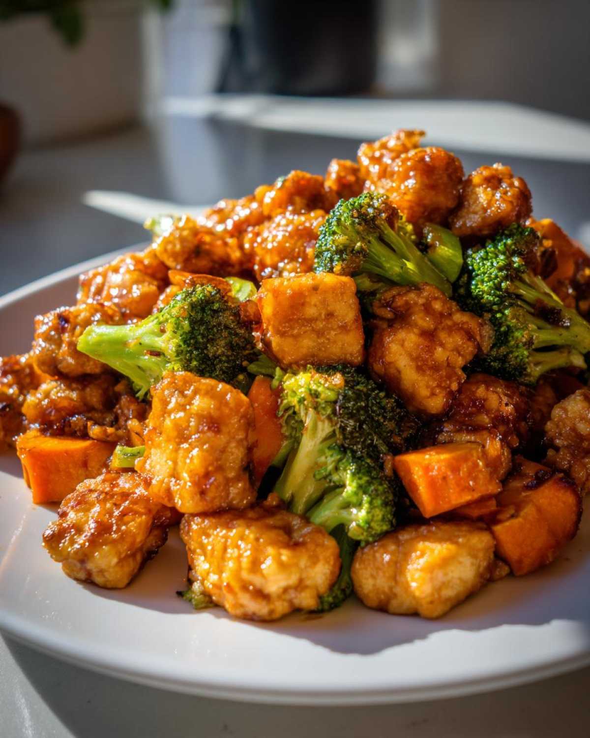Close-up of Sheet Pan Crispy Honey Mustard Tofu mixed with bright green broccoli florets and orange sweet potato chunks on a white plate.