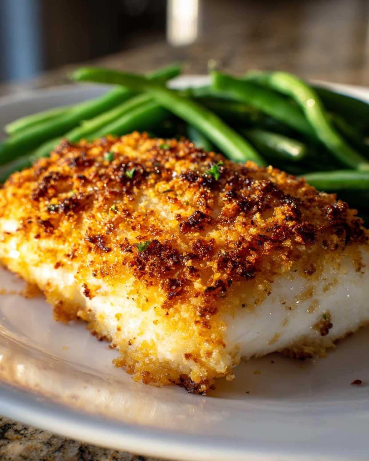 Close-up of Sheet Pan Crispy Parmesan Tilapia fillet with a golden-brown crust next to bright green beans.
