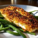 Close-up of a perfectly cooked Sheet Pan Crispy Parmesan Tilapia fillet resting on a bed of bright green beans.