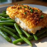 A perfectly cooked fillet of Sheet Pan Crispy Parmesan Tilapia resting on a bed of bright green beans.
