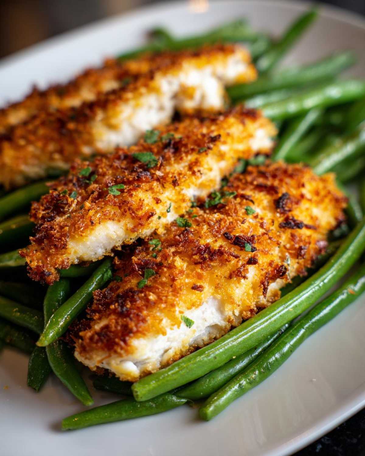 Close-up of three fillets of Sheet Pan Crispy Parmesan Tilapia resting on bright green beans on a white plate.