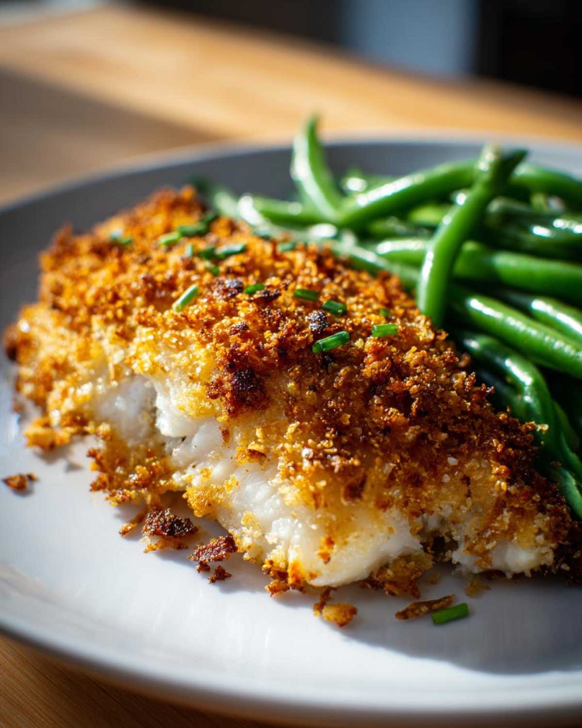 Close-up of Sheet Pan Crispy Parmesan Tilapia with a side of bright green beans on a white plate.