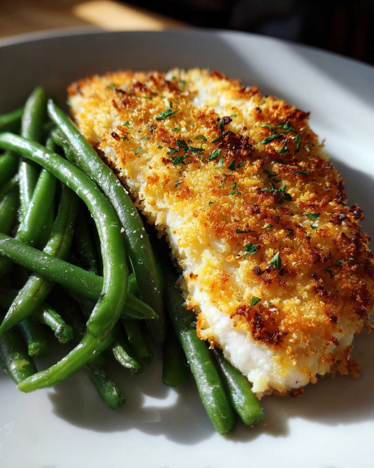 Close-up of Sheet Pan Crispy Parmesan Tilapia fillet next to bright green beans on a white plate.
