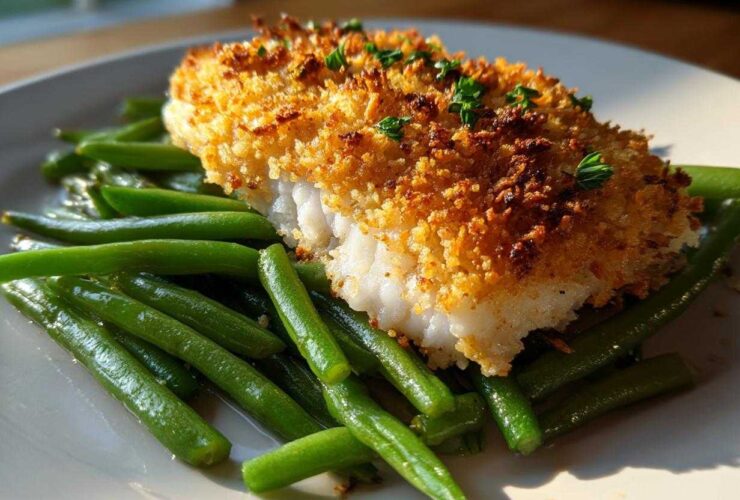 A perfectly cooked fillet of Sheet Pan Crispy Parmesan Tilapia resting on a bed of bright green beans.