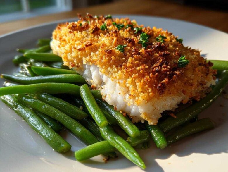 A perfectly cooked fillet of Sheet Pan Crispy Parmesan Tilapia resting on a bed of bright green beans.