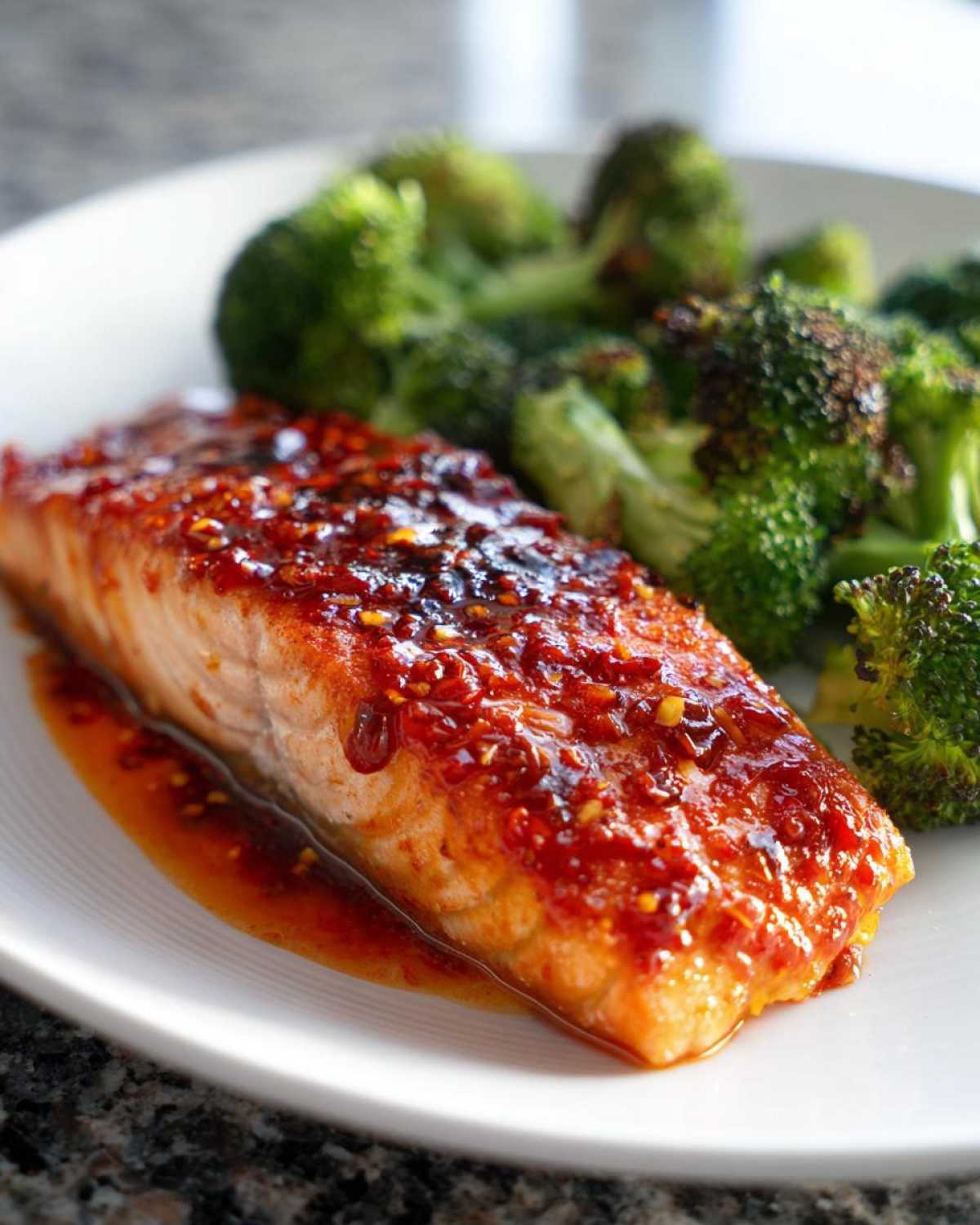 Close-up of a perfectly cooked salmon fillet topped with a spicy red glaze, served next to roasted broccoli.