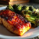 Close-up of a perfectly cooked fillet of Sheet Pan Honey Harissa Salmon with roasted broccoli florets.