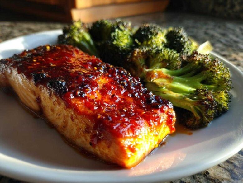 Close-up of a perfectly cooked fillet of Sheet Pan Honey Harissa Salmon with roasted broccoli florets.