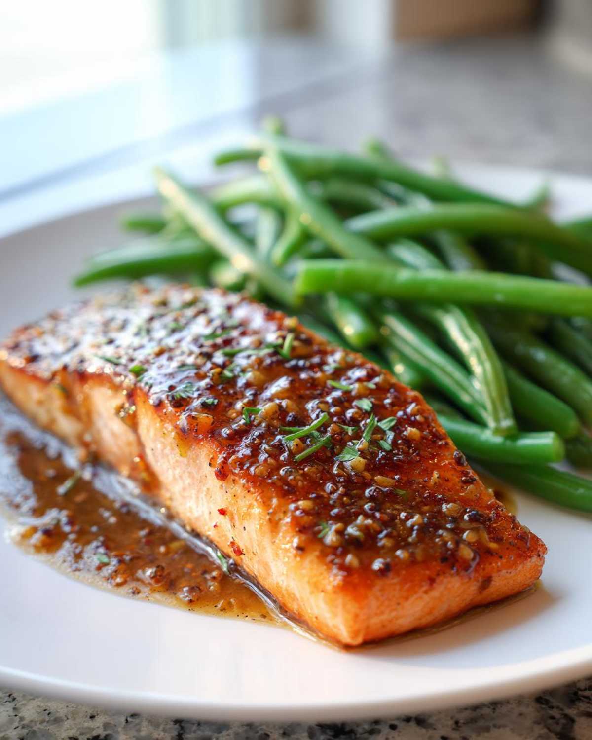 A perfectly cooked fillet of Sheet Pan Honey Mustard Salmon topped with glaze, served next to bright green beans.