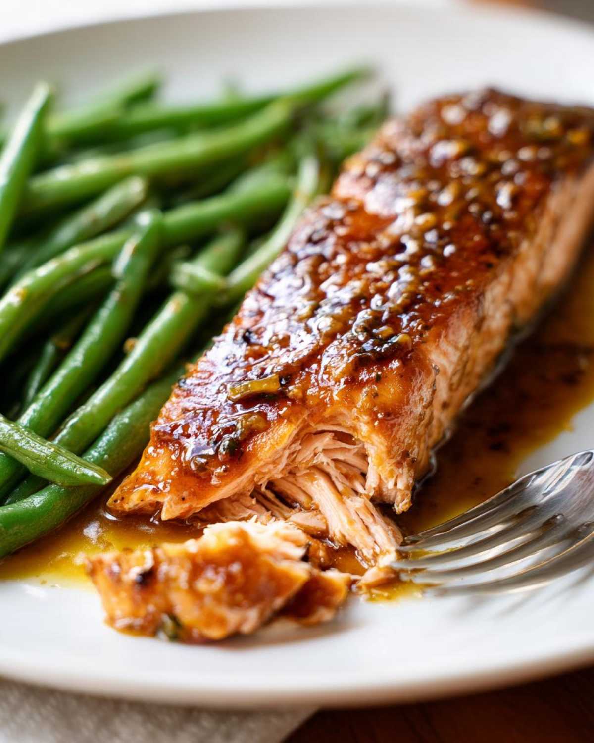 Close-up of flaky Sheet Pan Honey Mustard Salmon glazed with sauce, served next to bright green beans on a white plate.