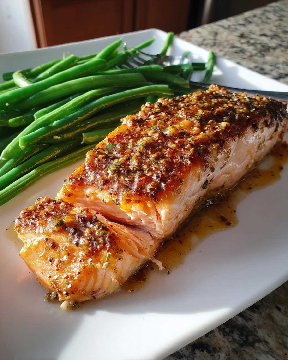 A cooked fillet of Sheet Pan Honey Mustard Salmon, sliced, served next to bright green beans on a white plate.