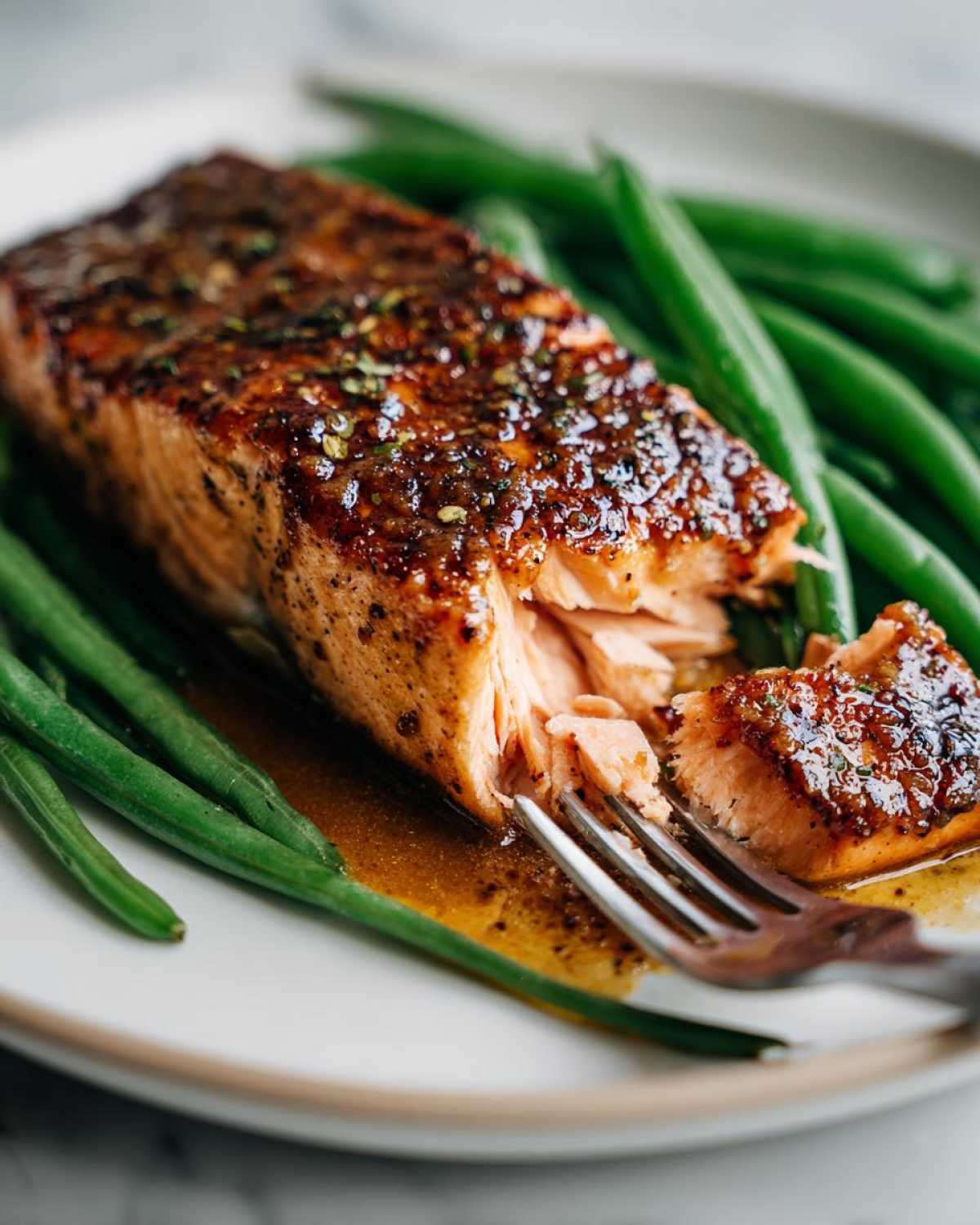 Close-up of flaky Sheet Pan Honey Mustard Salmon and Green Beans being separated by a fork on a white plate.