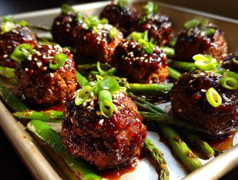 Close-up of glazed Sheet Pan Sticky Sesame Meatballs with snap peas, garnished with sesame seeds and green onions.