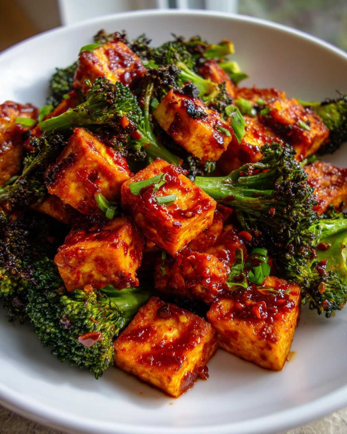 Close-up of crispy, glazed Sheet Pan Sweet Chili Tofu with Broccoli florets in a white bowl.