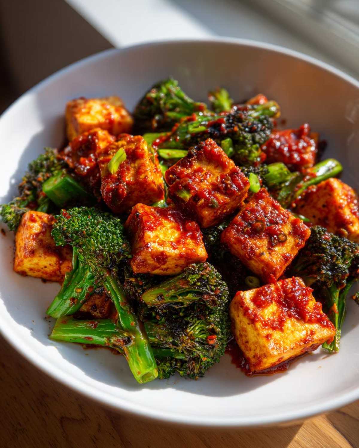 Close-up of crispy cubes of Sheet Pan Sweet Chili Tofu with roasted broccoli florets in a white bowl.