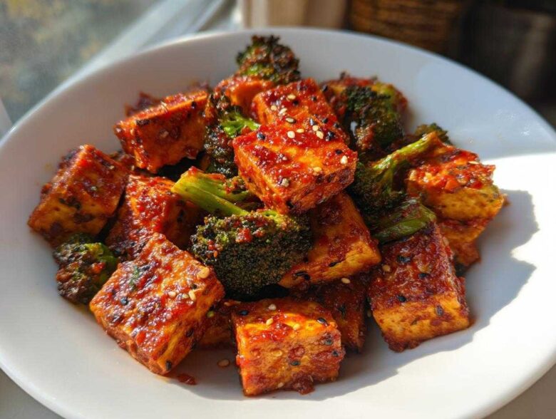 Close-up of crispy Sheet Pan Sweet Chili Tofu with Broccoli florets in a white bowl, sprinkled with sesame seeds.