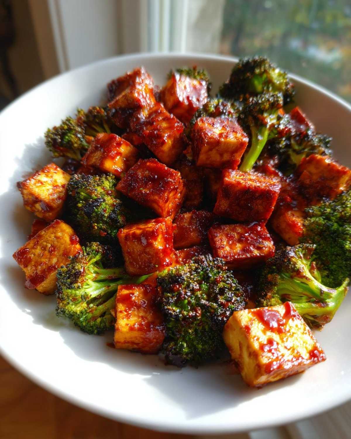 Close-up of crispy, glazed Sheet Pan Sweet Chili Tofu with Broccoli florets served in a white bowl.