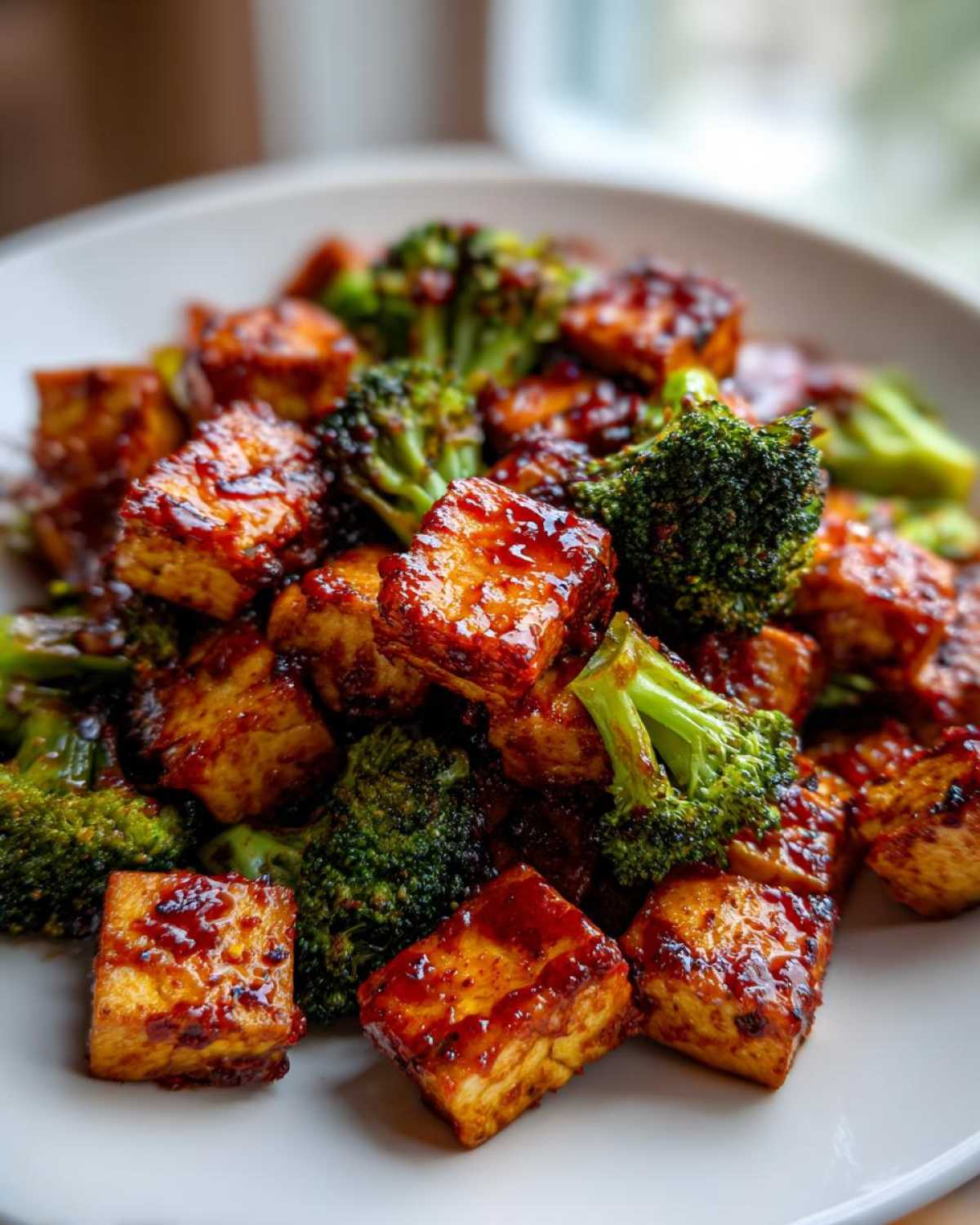 Close-up of crispy Sheet Pan Sweet Chili Tofu with Broccoli bites coated in a glossy sauce on a white plate.