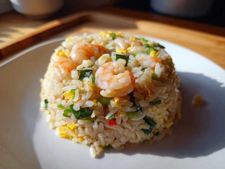 A perfectly molded serving of shrimp fried rice, featuring plump shrimp, scrambled egg, and green onions, showcasing the Gluten-Free Lemon Pepper Fried Rice.