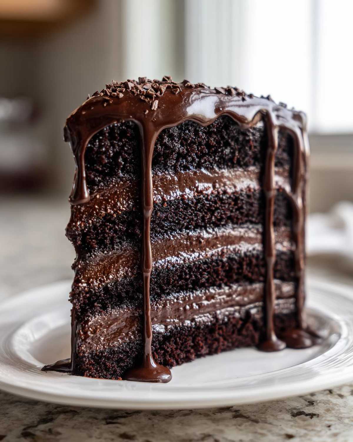 A tall, moist slice of Death by Chocolate Cake featuring four dark layers and rich chocolate frosting, topped with ganache drip.