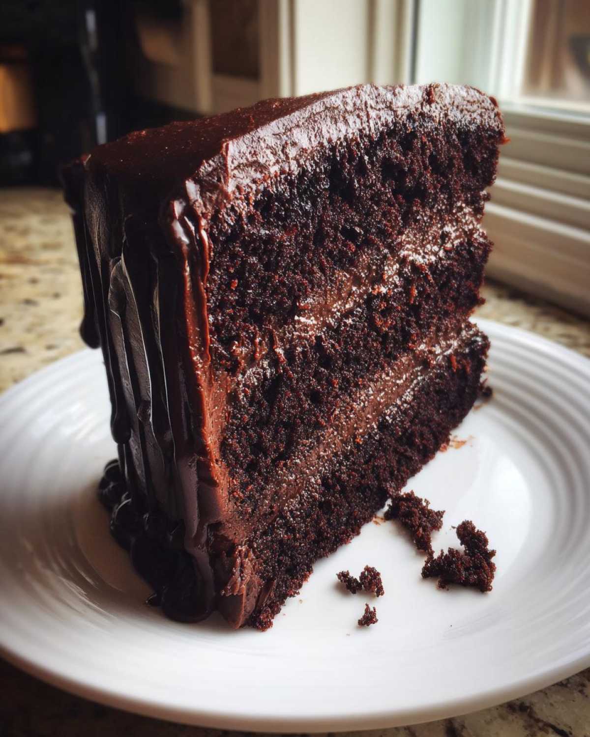 A decadent slice of Death by Chocolate Cake showing three moist layers and dripping chocolate ganache.