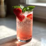 A tall glass filled with pink Sparkling Strawberry Basil Lemonade, garnished with fresh strawberries and basil leaves.