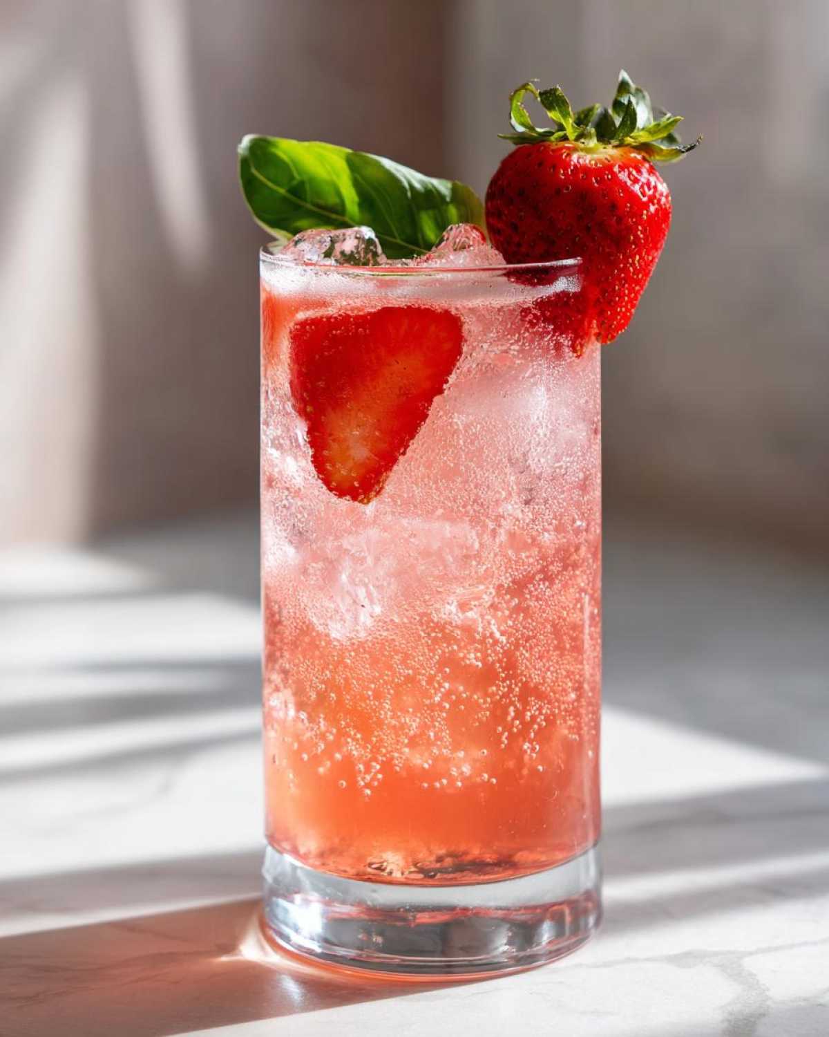 Close-up of a tall glass filled with Sparkling Strawberry Basil Lemonade, garnished with fresh strawberries and basil.