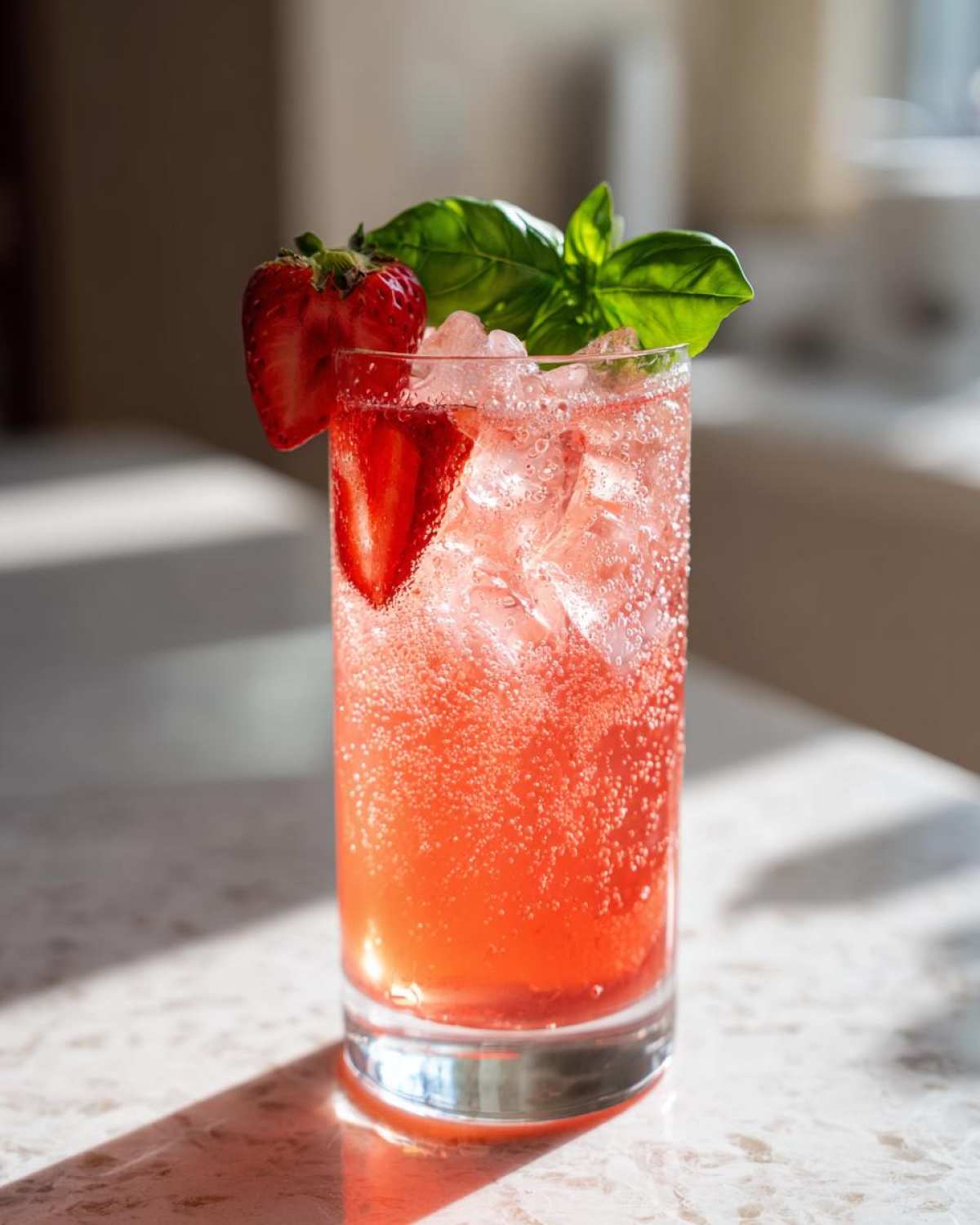 A tall glass filled with Sparkling Strawberry Basil Lemonade, ice, garnished with a strawberry slice and basil leaves.