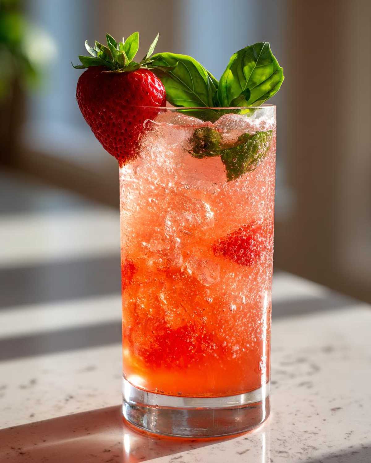 A tall glass filled with Sparkling Strawberry Basil Lemonade, ice, and garnished with a fresh strawberry and basil leaves.