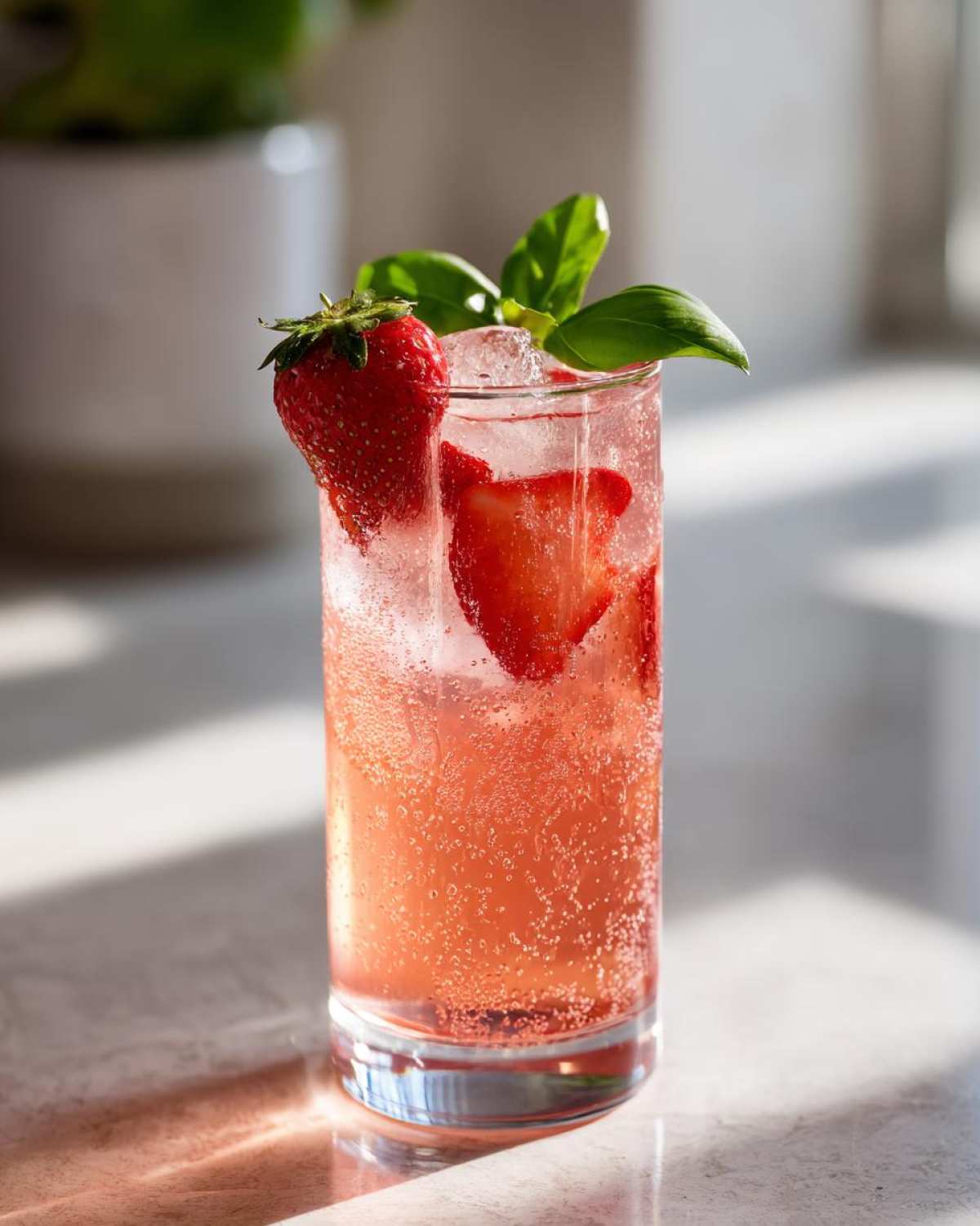 Close-up of a tall glass filled with Sparkling Strawberry Basil Lemonade, garnished with fresh strawberry and basil leaves.