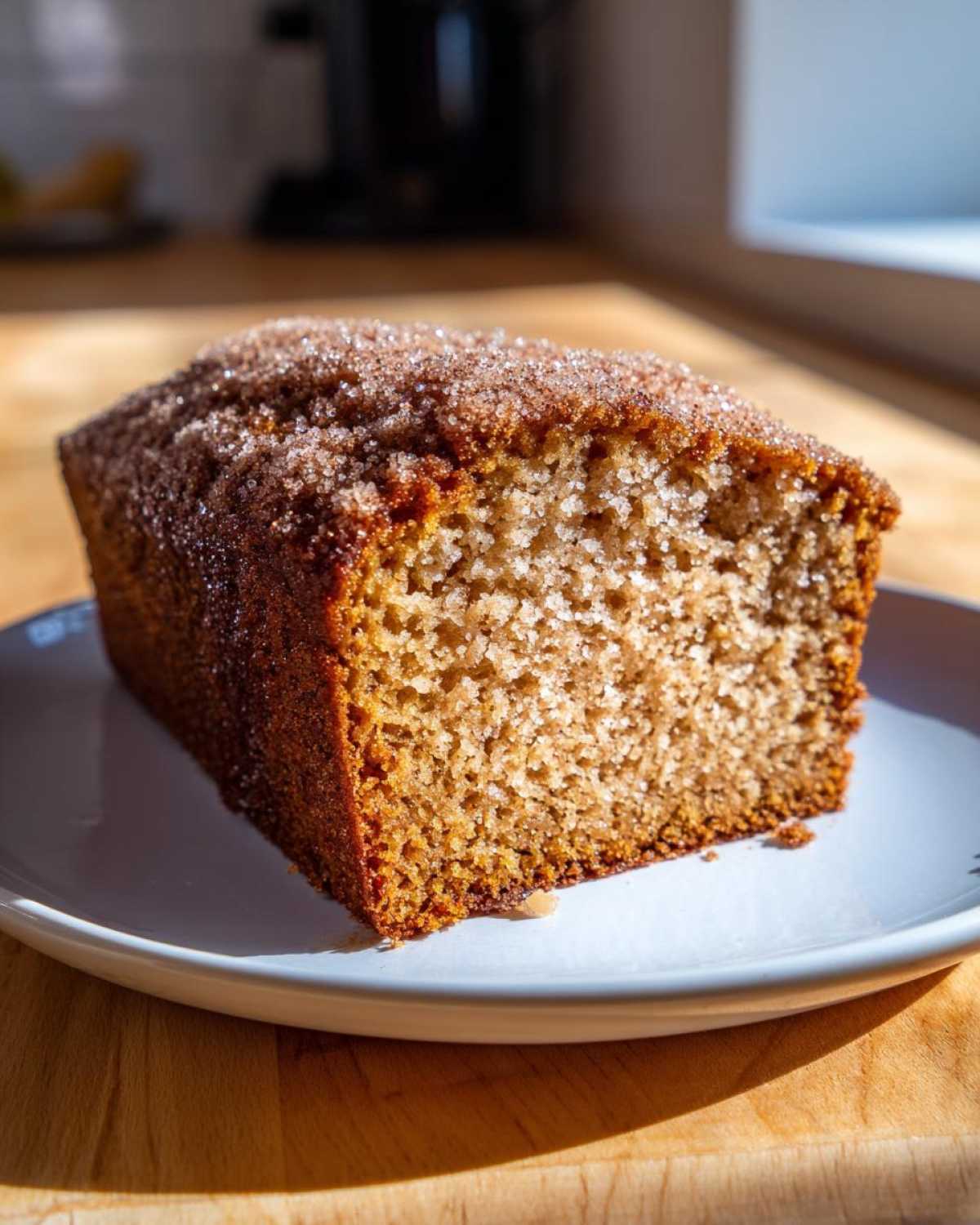 A close-up, sunlit slice of Spiced Apple Cider Donut Loaf showing its moist crumb and cinnamon sugar topping.