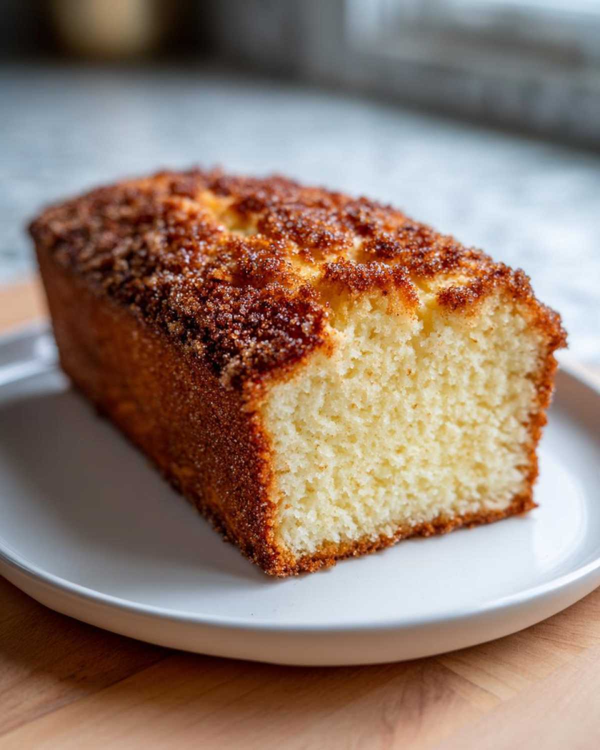 A close-up of a freshly baked Spiced Apple Cider Donut Loaf, showing the moist interior and a thick, sugary cinnamon crumb topping.
