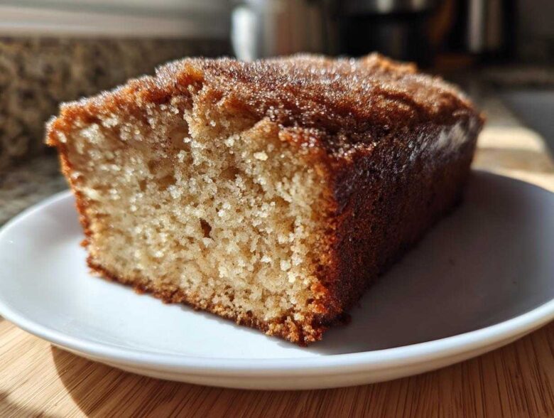 A close-up of a moist slice of Spiced Apple Cider Donut Loaf, featuring a golden crumb and a sparkling cinnamon-sugar crust.