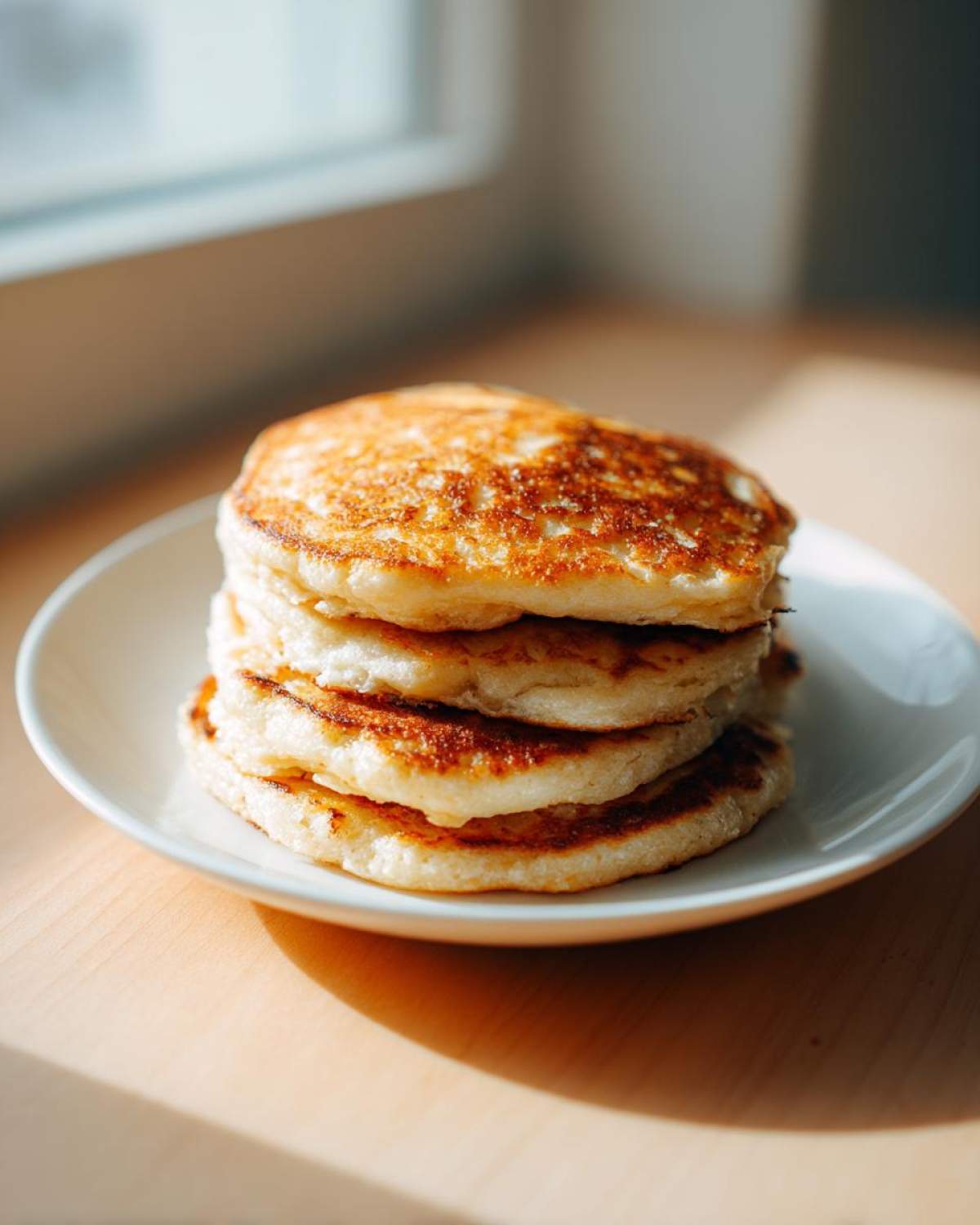 A stack of four golden-brown Cornmeal Pancakes served on a small white plate near a window.