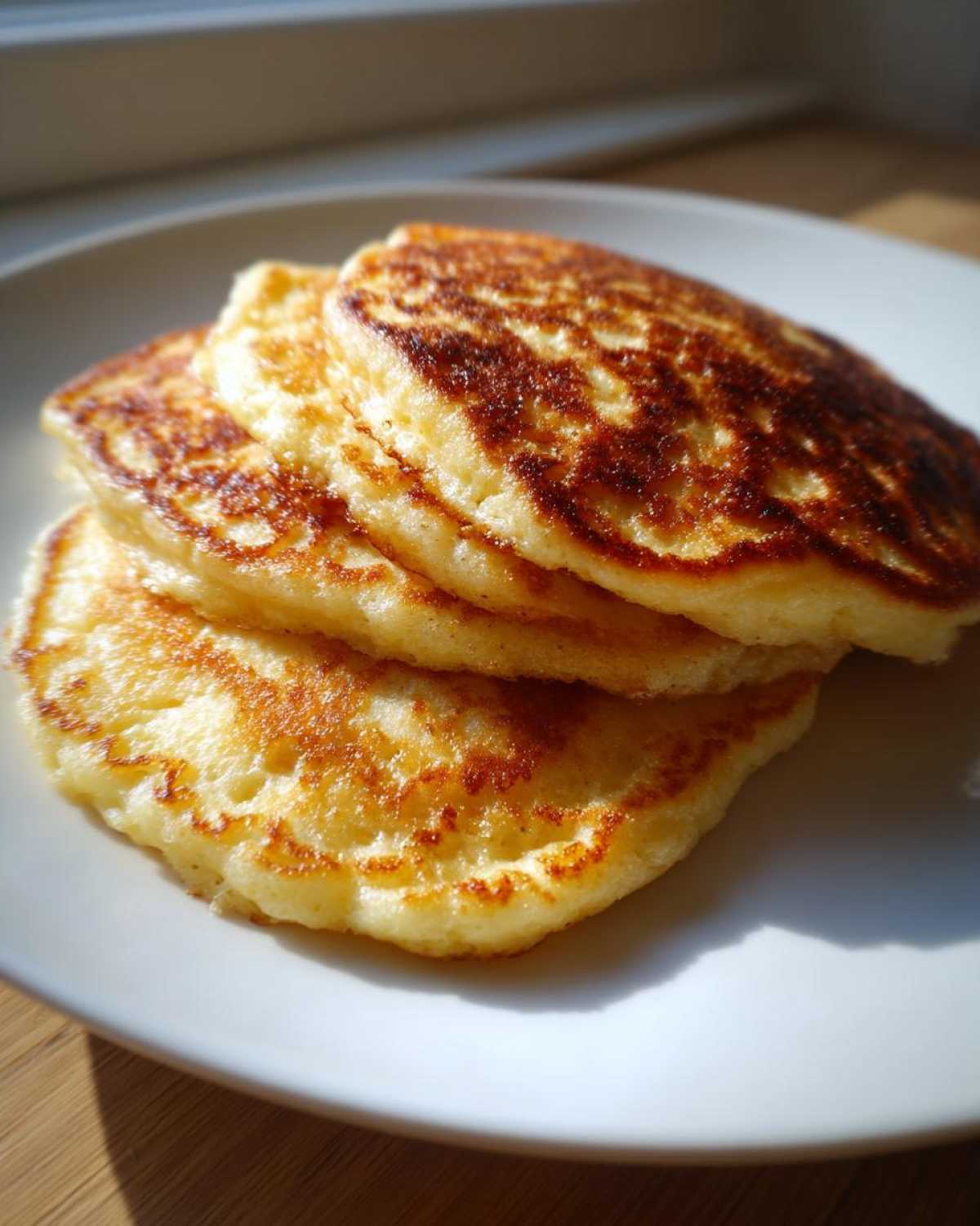 A close-up shot of a stack of three perfectly cooked, golden brown Cornmeal Pancakes on a white plate.