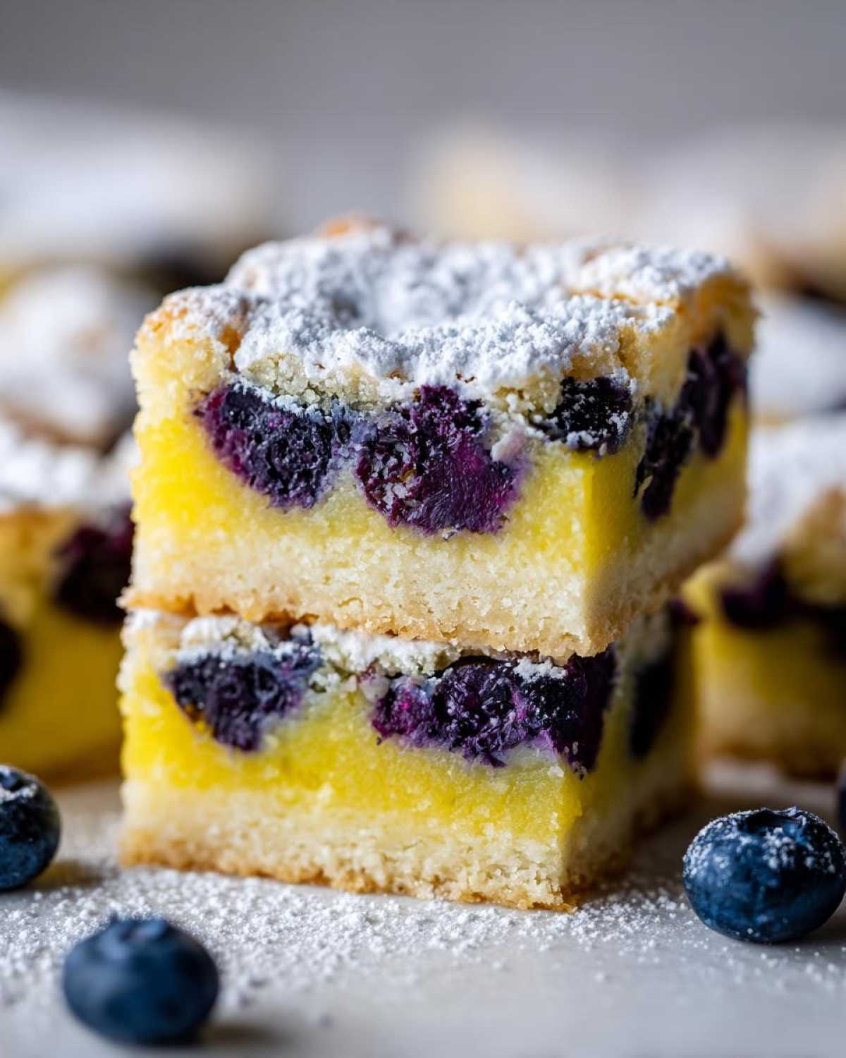 Two stacked squares of Gluten-Free Lemon Blueberry Layer Bars, featuring a bright yellow filling and dark blueberries, dusted with powdered sugar.