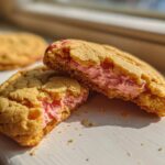A Strawberry Cheesecake Cookie broken in half showing the thick, pink, creamy strawberry filling inside the soft cookie.