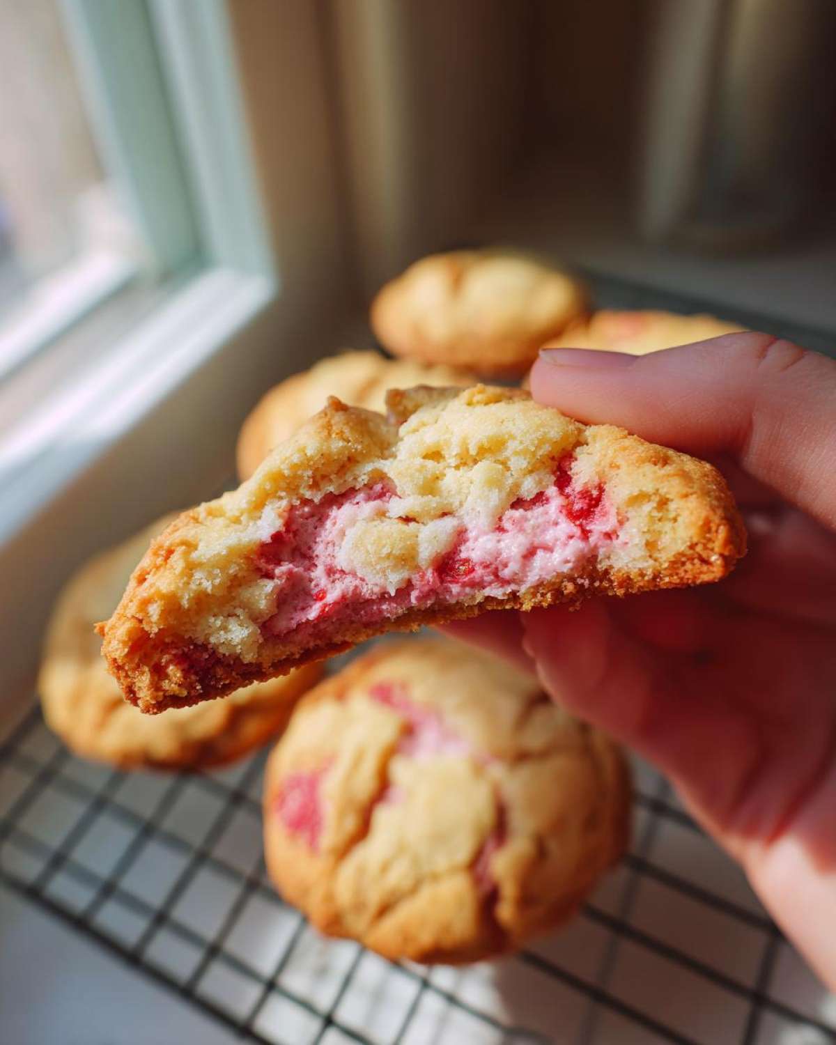 A hand holding a bitten Strawberry Cheesecake Cookies, showing the soft, pink, creamy filling inside the golden cookie.