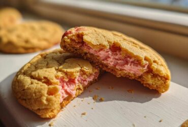 A Strawberry Cheesecake Cookie broken in half showing the thick, pink, creamy strawberry filling inside the soft cookie.