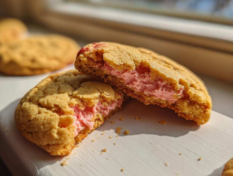 A Strawberry Cheesecake Cookie broken in half showing the thick, pink, creamy strawberry filling inside the soft cookie.