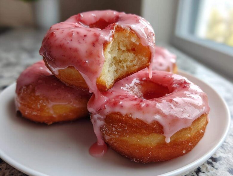 Close-up of fluffy Strawberry Donut Rolls stacked on a white plate, dripping with pink strawberry glaze.
