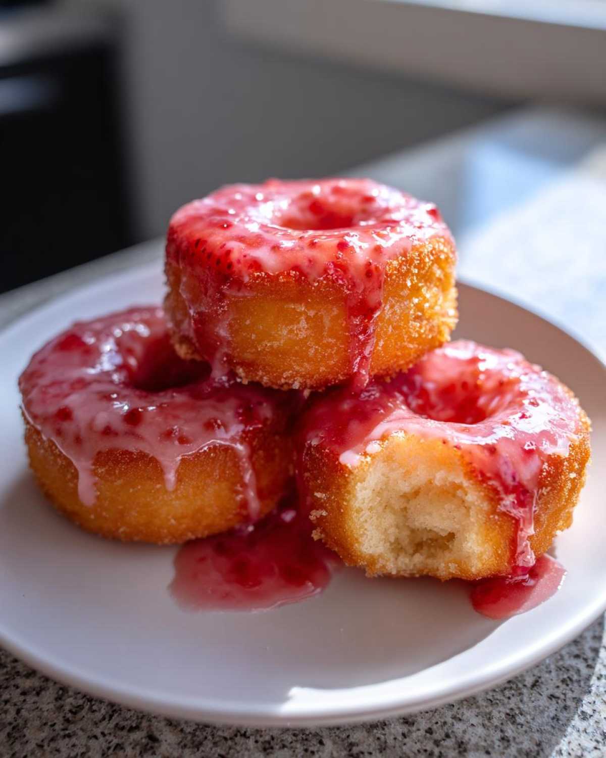 Three delicious Strawberry Donut Rolls stacked on a white plate, dripping with pink strawberry glaze, one has a bite taken out.