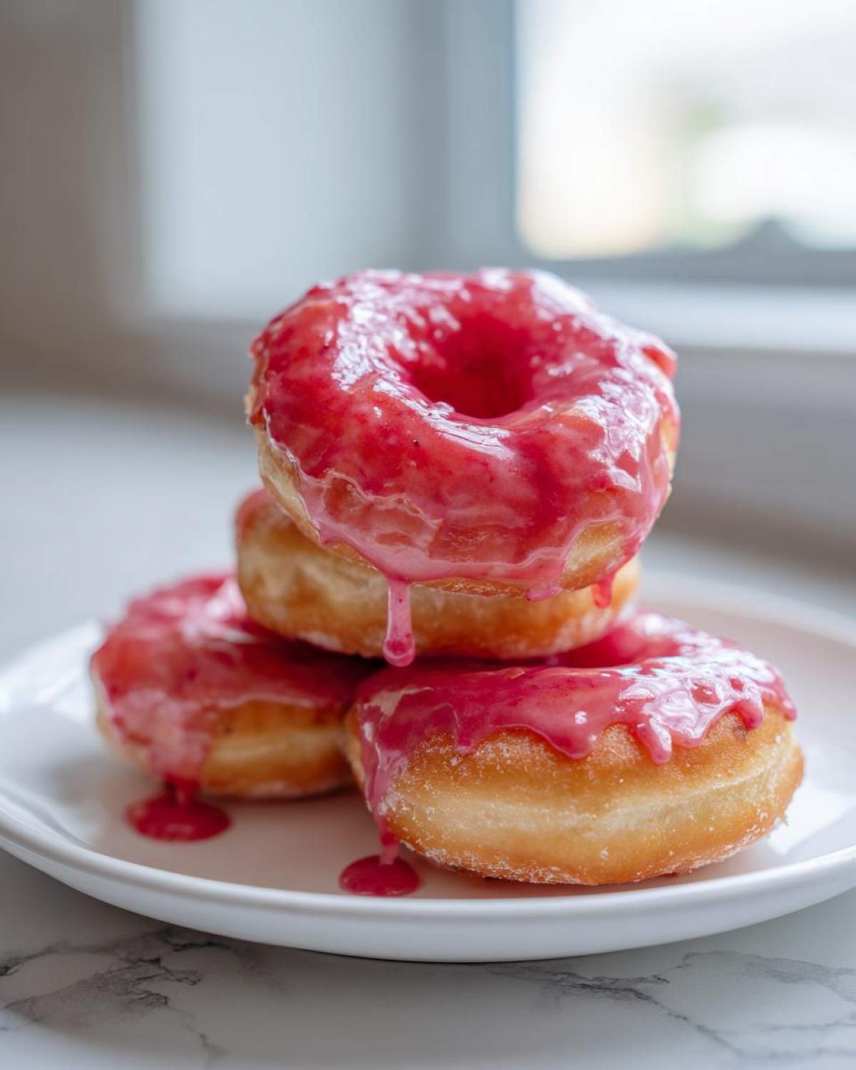 A stack of three fluffy Strawberry Donut Rolls covered in a vibrant, dripping pink strawberry glaze on a white plate.